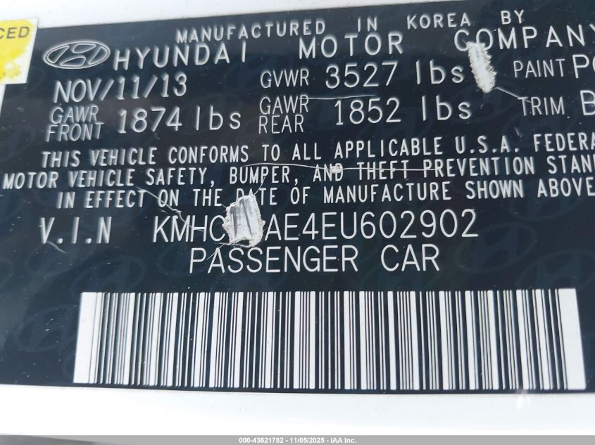 2014 Hyundai Accent Gls VIN: KMHCU4AE4EU602902 Lot: 43621782