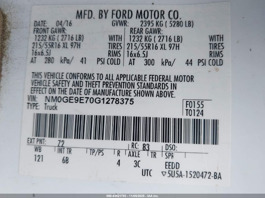 2016 Ford Transit Connect Xl VIN: NM0GE9E70G1278375 Lot: 43621793