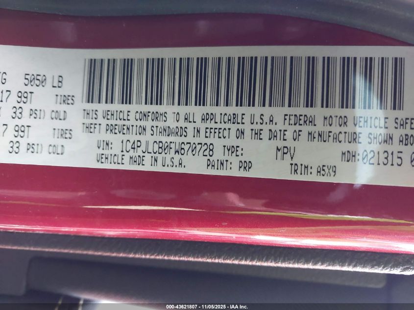 2015 Jeep Cherokee Latitude VIN: 1C4PJLCB0FW670728 Lot: 43621807