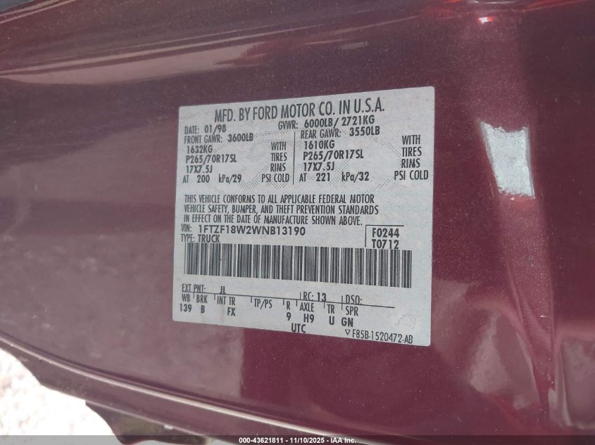 1998 Ford F-150 Lariat/Standard/Xl/Xlt VIN: 1FTZF18W2WNB13190 Lot: 43621811