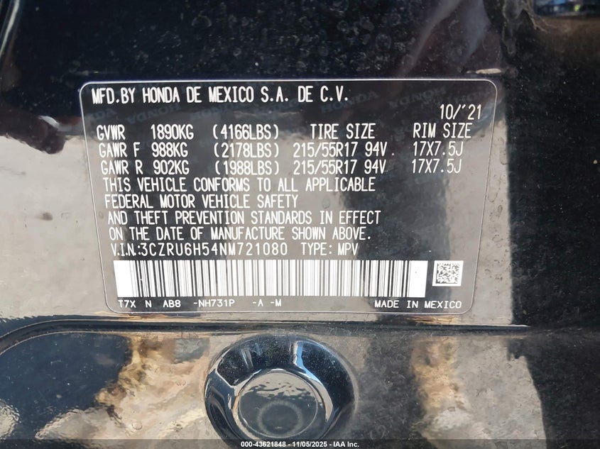 2022 HONDA HR-V AWD EX - 3CZRU6H54NM721080