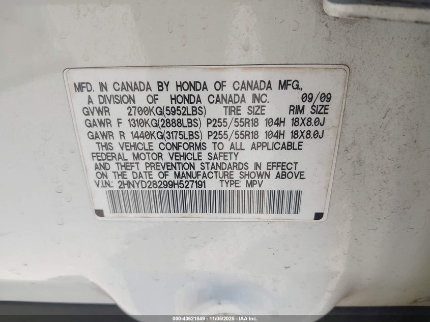 2009 Acura Mdx VIN: 2HNYD28299H527191 Lot: 43621849