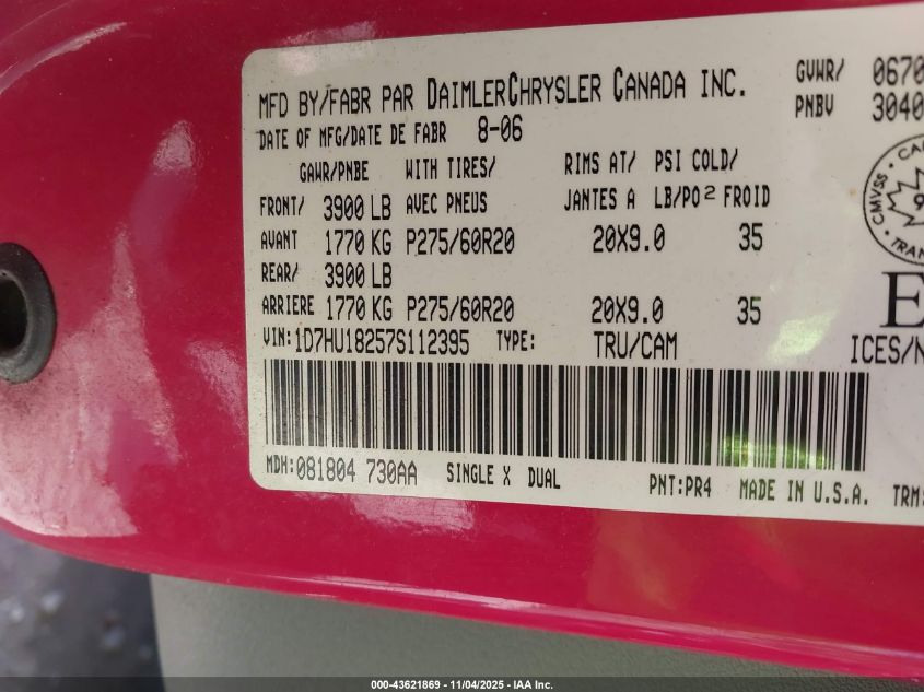 2007 Dodge Ram 1500 Slt/Trx4 Off Road/Sport VIN: 1D7HU18257S112395 Lot: 43621869