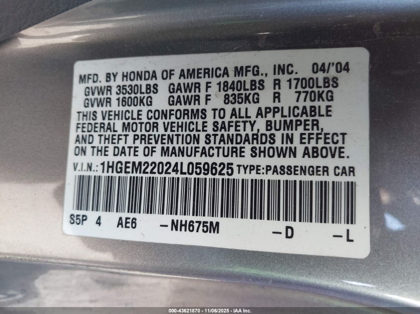 2004 Honda Civic Ex VIN: 1HGEM22024L059625 Lot: 43621870