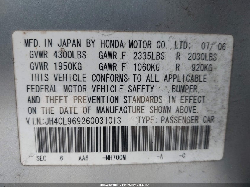 2006 Acura Tsx VIN: JH4CL96926C031013 Lot: 43621886