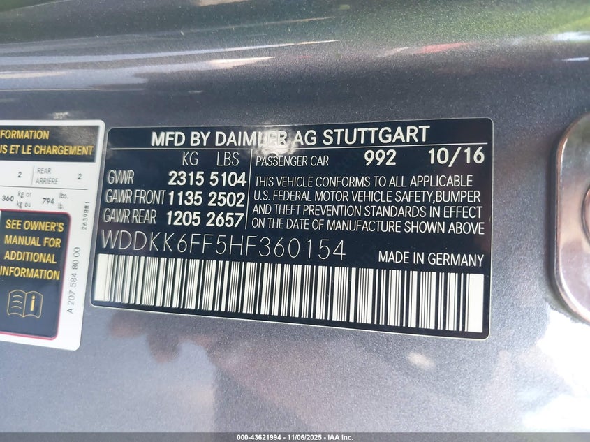 2017 MERCEDES-BENZ E 400 WDDKK6FF5HF360154