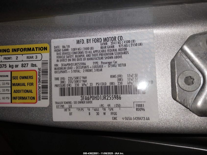 2018 Ford Fusion Se VIN: 3FA6P0HD1JR255986 Lot: 43622001