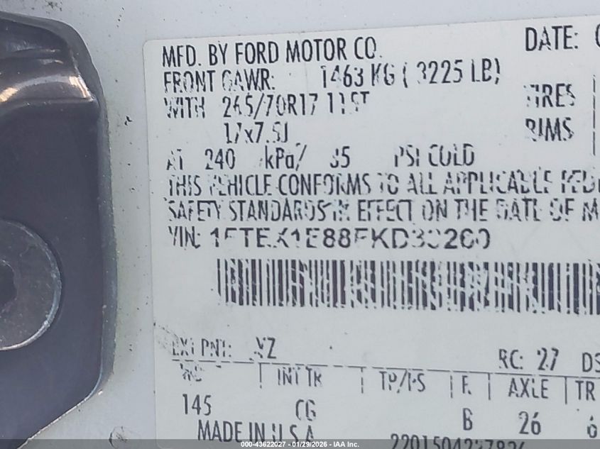 2015 Ford F-150 Xl VIN: 1FTEX1E88FKD33260 Lot: 43622027