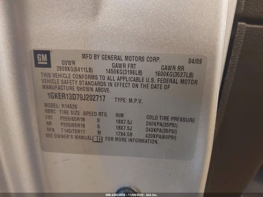 2009 GMC Acadia Sle-1 VIN: 1GKER13D79J202717 Lot: 43622038