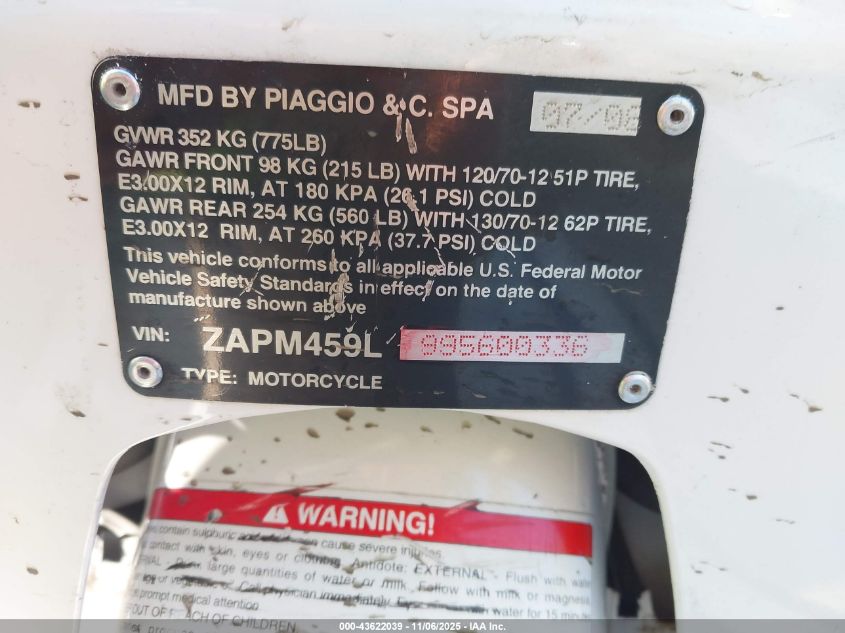 2009 Vespa Gts 250 VIN: ZAPM459L995600336 Lot: 43622039