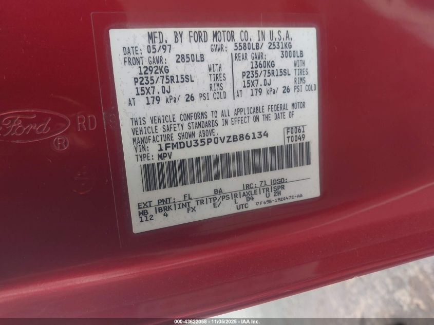 1997 Ford Explorer Eddie Bauer/Limited/Xlt VIN: 1FMDU35P0VZB86134 Lot: 43622058