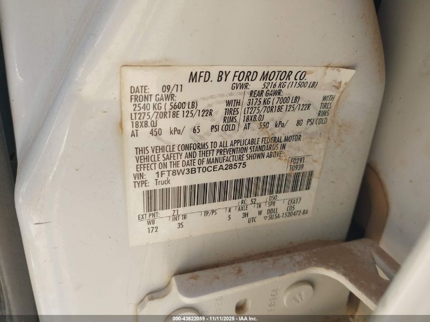 2012 Ford F-350 Xlt VIN: 1FT8W3BT0CEA28575 Lot: 43622059