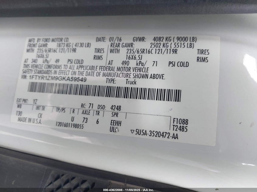 2016 Ford Transit-250 VIN: 1FTYR1ZM9GKA59549 Lot: 43622086