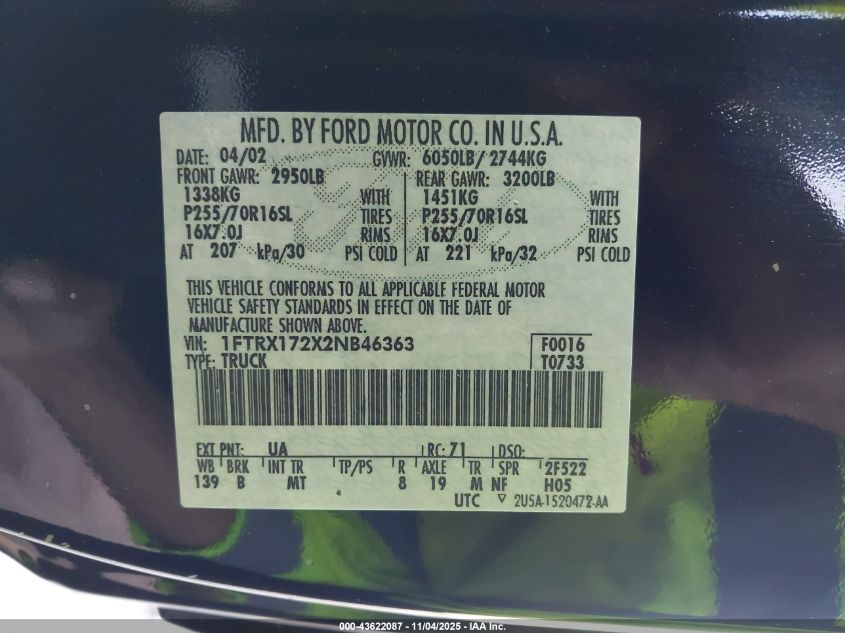 2002 Ford F-150 Xl/Xlt VIN: 1FTRX172X2NB46363 Lot: 43622087