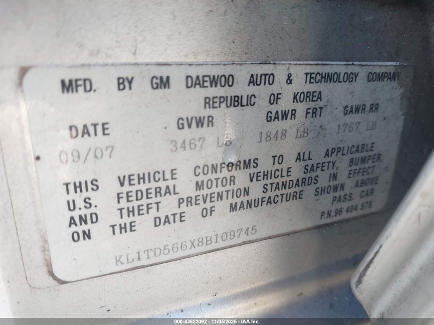 2008 Chevrolet Aveo Ls VIN: KL1TD566X8B109745 Lot: 43622092