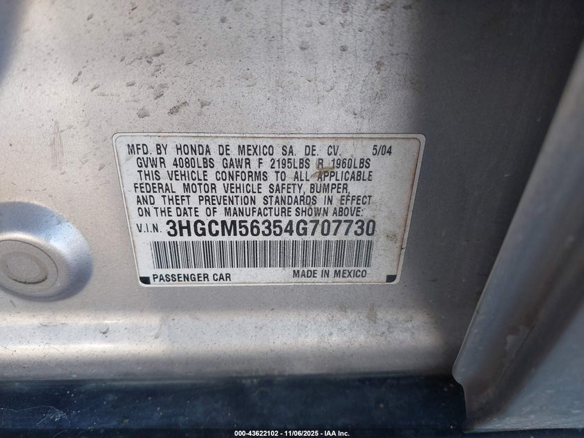 3HGCM56354G707730 2004 HONDA ACCORD photo no. 9