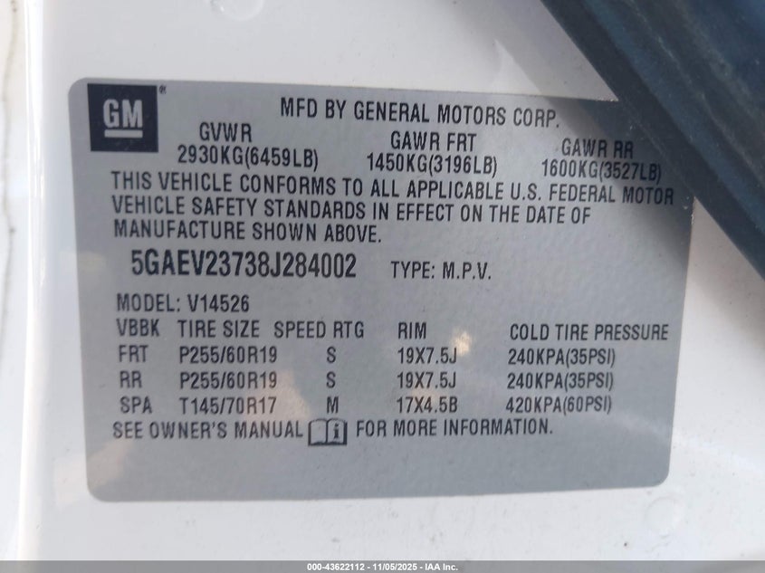 2008 Buick Enclave Cxl VIN: 5GAEV23738J284002 Lot: 43622112