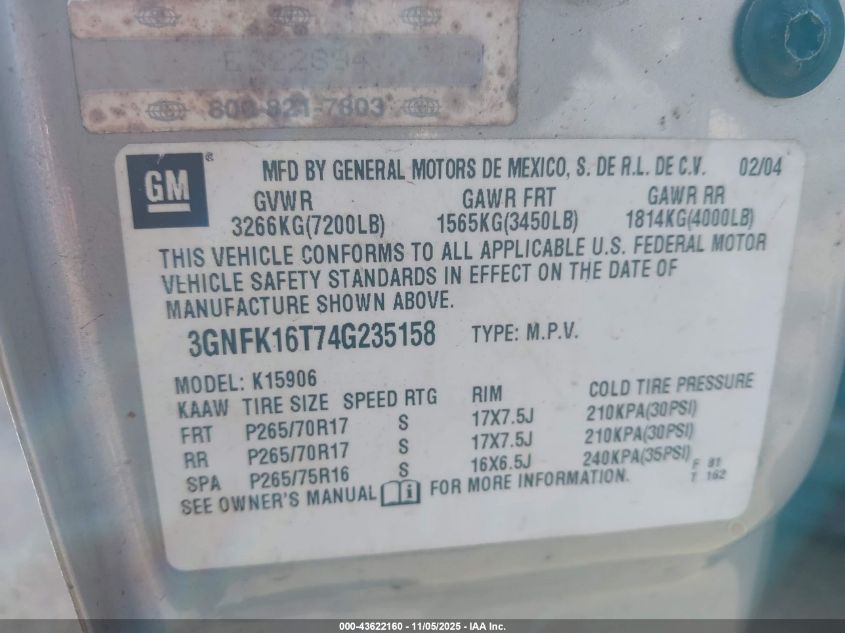 2004 Chevrolet Suburban 1500 Z71 VIN: 3GNFK16T74G235158 Lot: 43622160