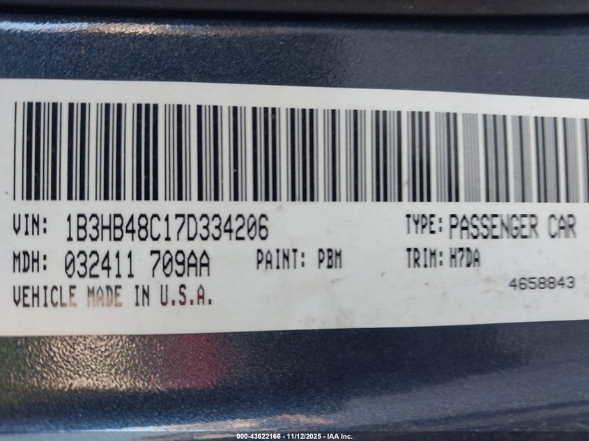 2007 Dodge Caliber Sxt VIN: 1B3HB48C17D334206 Lot: 43622166