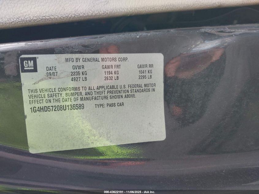 2008 Buick Lucerne Cxl VIN: 1G4HD57208U136589 Lot: 43622191