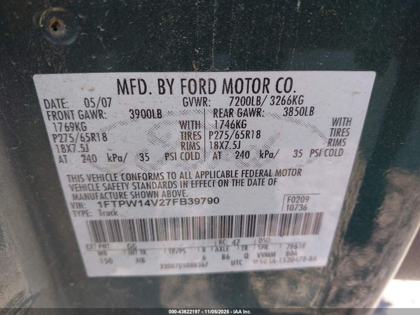 2007 Ford F-150 Fx4/Lariat/Xlt VIN: 1FTPW14V27FB39790 Lot: 43622197