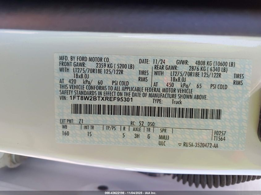 2024 Ford F-250 Xl VIN: 1FT8W2BTXREF95301 Lot: 43622198