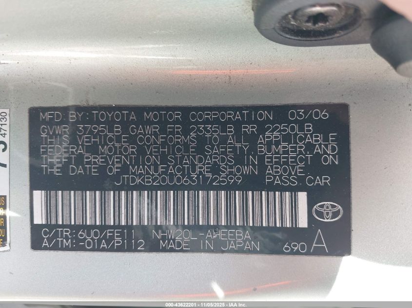 2006 Toyota Prius VIN: JTDKB20U063172599 Lot: 43622201