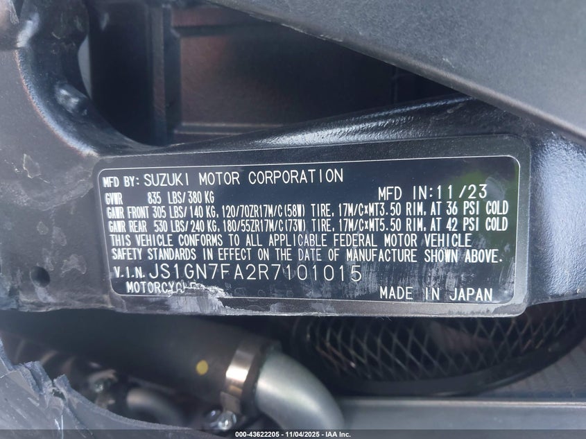 2024 Suzuki Gsx-R600 VIN: JS1GN7FA2R7101015 Lot: 43622205