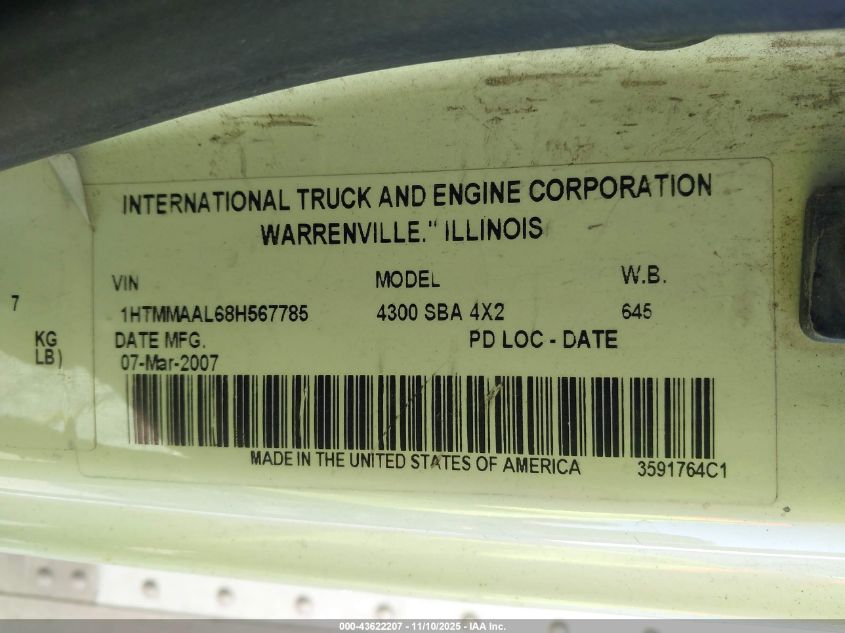 2008 International 4000 4300 VIN: 1HTMMAAL68H567785 Lot: 43622207