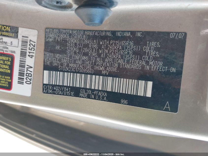 2007 Toyota Sienna Ce VIN: 5TDZK23C17S095663 Lot: 43622222