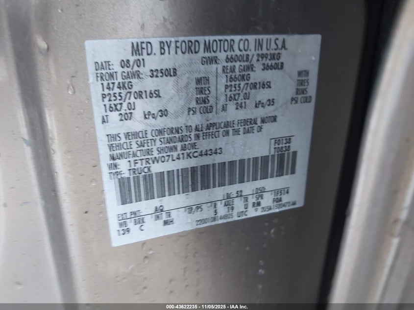 2001 Ford F-150 Harley-Davidson Edition/King Ranch Edition/Lariat/Xlt VIN: 1FTRW07L41KC44343 Lot: 43622235