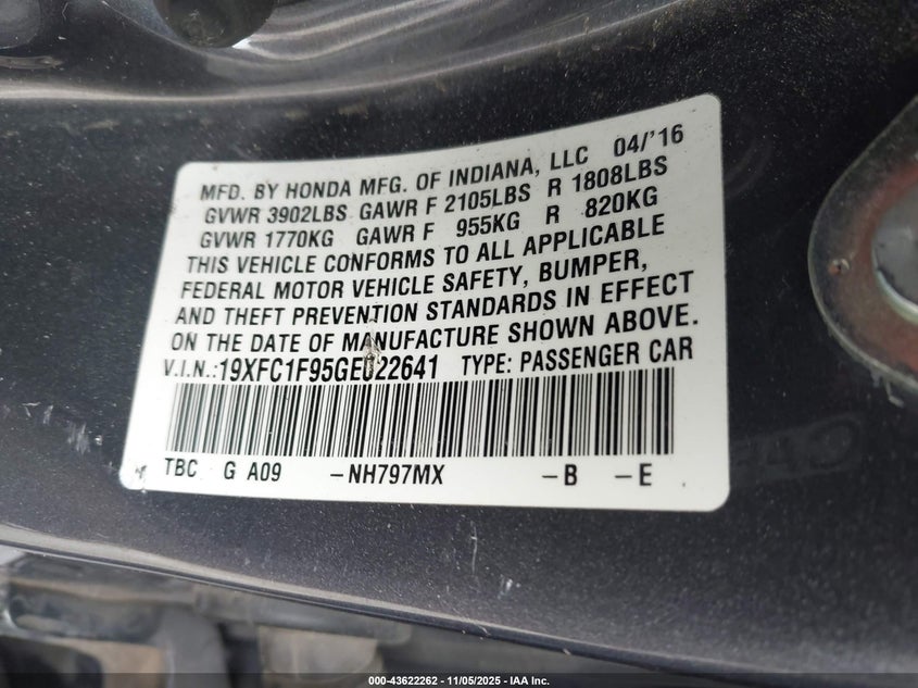 2016 HONDA CIVIC TOURING - 19XFC1F95GE022641