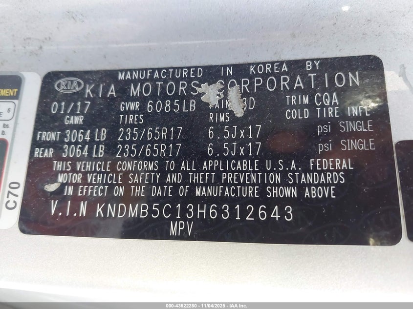 2017 Kia Sedona Lx VIN: KNDMB5C13H6312643 Lot: 43622280