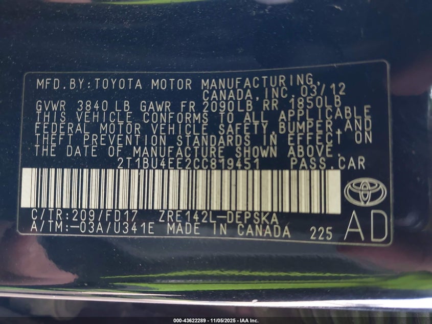 2T1BU4EE2CC819451 2012 TOYOTA COROLLA photo no. 9