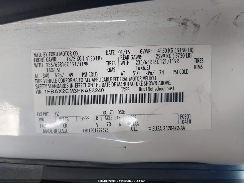 2015 FORD TRANSIT-350 XLT 1FBAX2CM3FKA53240