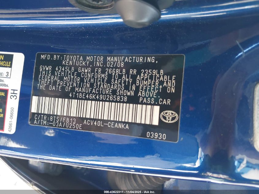 2009 Toyota Camry Le VIN: 4T1BE46K49U265838 Lot: 43622311