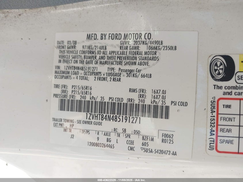 2008 Ford Mustang V6 Deluxe/V6 Premium VIN: 1ZVHT84N485191271 Lot: 43622329