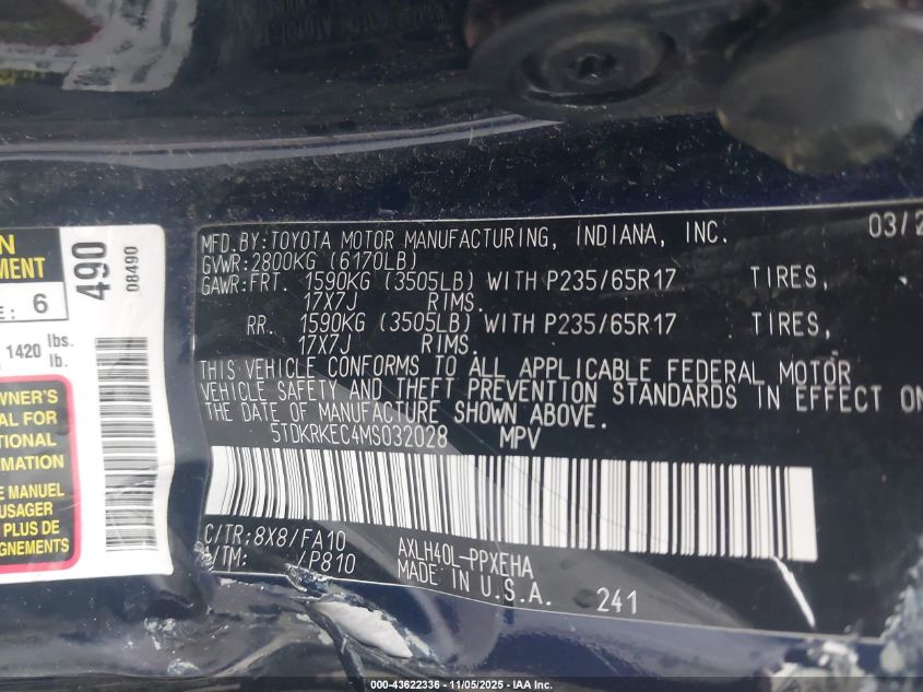 2021 Toyota Sienna Le VIN: 5TDKRKEC4MS032028 Lot: 43622336