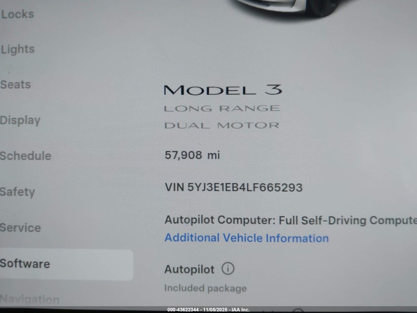 2020 Tesla Model 3 Long Range Dual Motor All-Wheel Drive VIN: 5YJ3E1EB4LF665293 Lot: 43622344