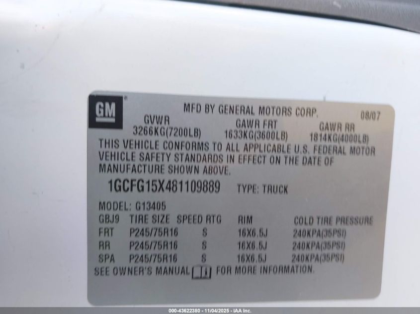 2008 Chevrolet Express Work Van VIN: 1GCFG15X481109889 Lot: 43622380