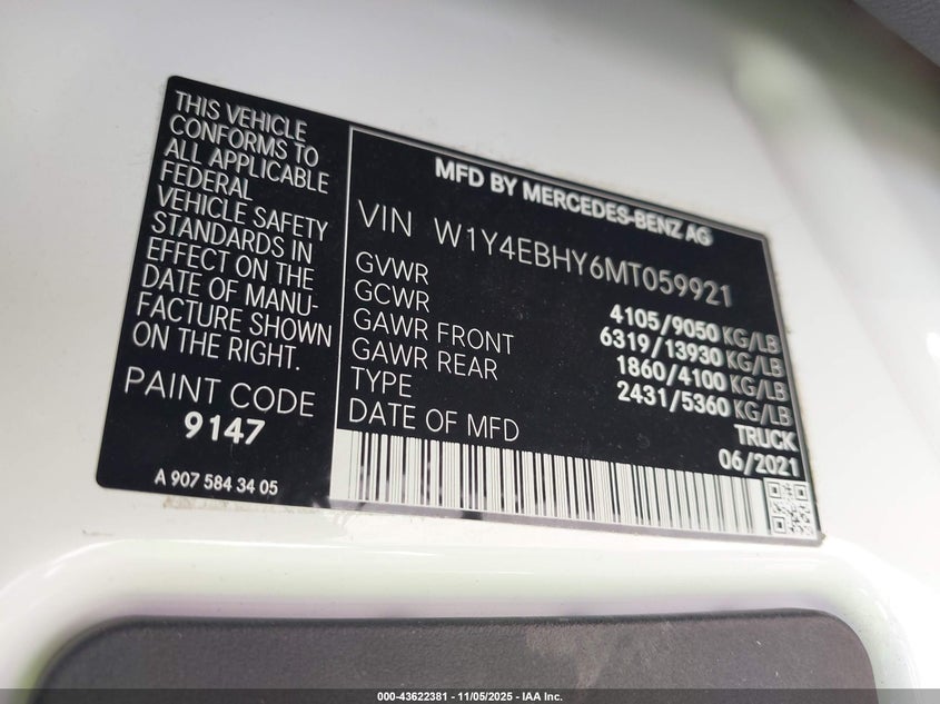 2021 Mercedes-Benz Sprinter 2500 Standard Roof V6 VIN: W1Y4EBHY6MT059921 Lot: 43622381