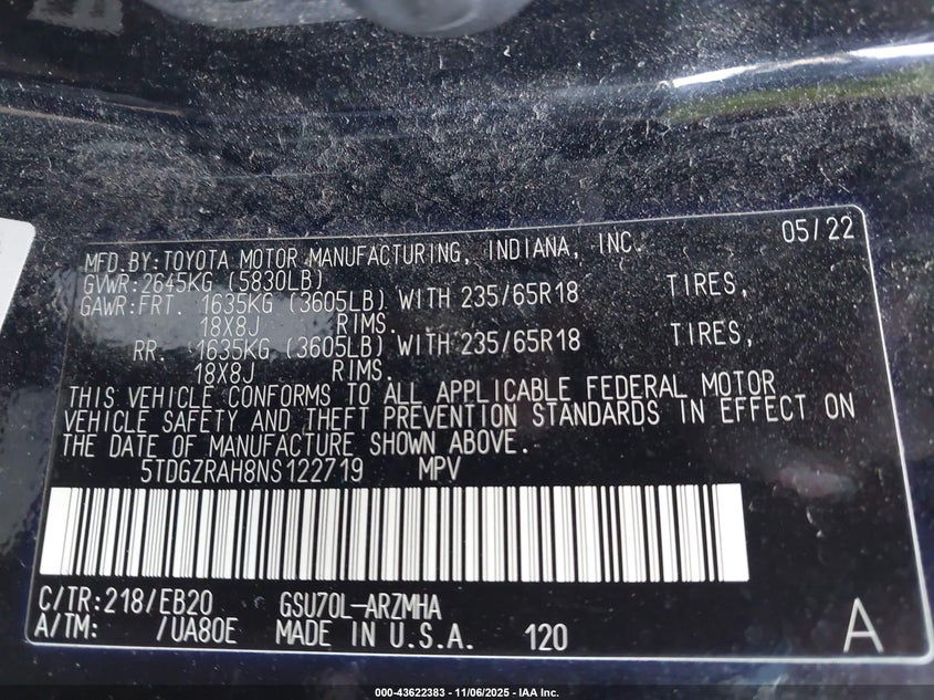 2022 TOYOTA HIGHLANDER XLE 5TDGZRAH8NS122719