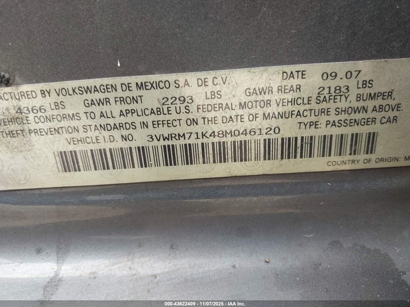3VWRM71K48M046120 2008 VOLKSWAGEN JETTA photo no. 9