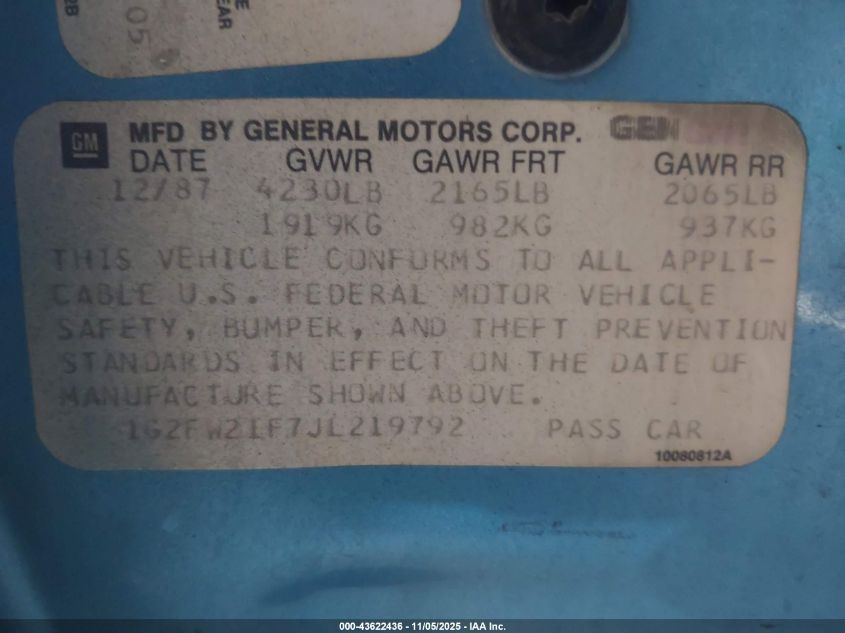 1988 Pontiac Firebird Trans Am/Gta VIN: 1G2FW21F7JL219792 Lot: 43622436