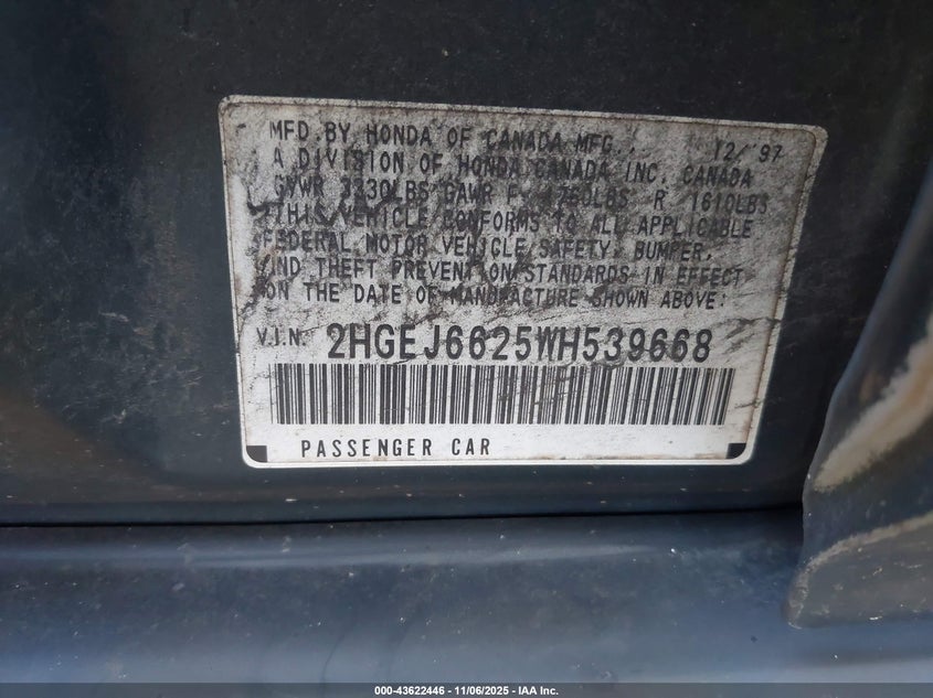 1998 Honda Civic Dx VIN: 2HGEJ6625WH539668 Lot: 43622446