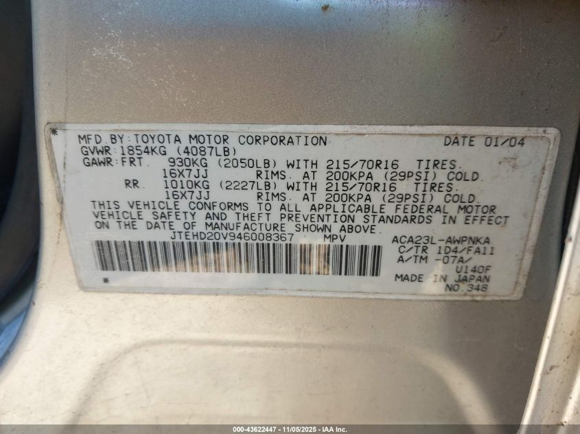 2004 Toyota Rav4 VIN: JTEHD20V946008367 Lot: 43622447