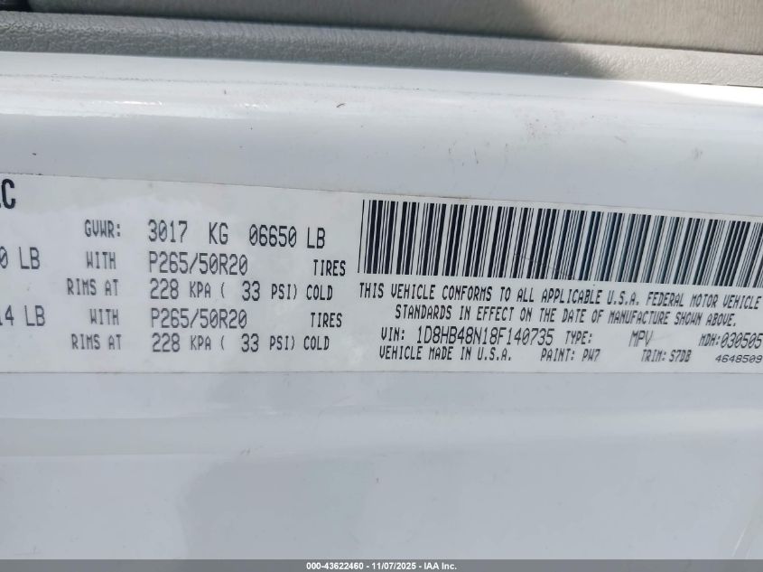 2008 Dodge Durango Slt VIN: 1D8HB48N18F140735 Lot: 43622460