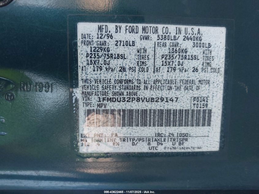 1997 Ford Explorer Eddie Bauer/Limited/Xlt VIN: 1FMDU32P8VUB29147 Lot: 43622465
