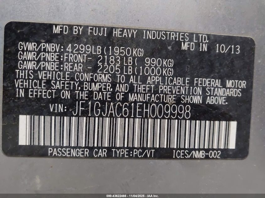 2014 Subaru Impreza 2.0I Premium VIN: JF1GJAC61EH009998 Lot: 43622466