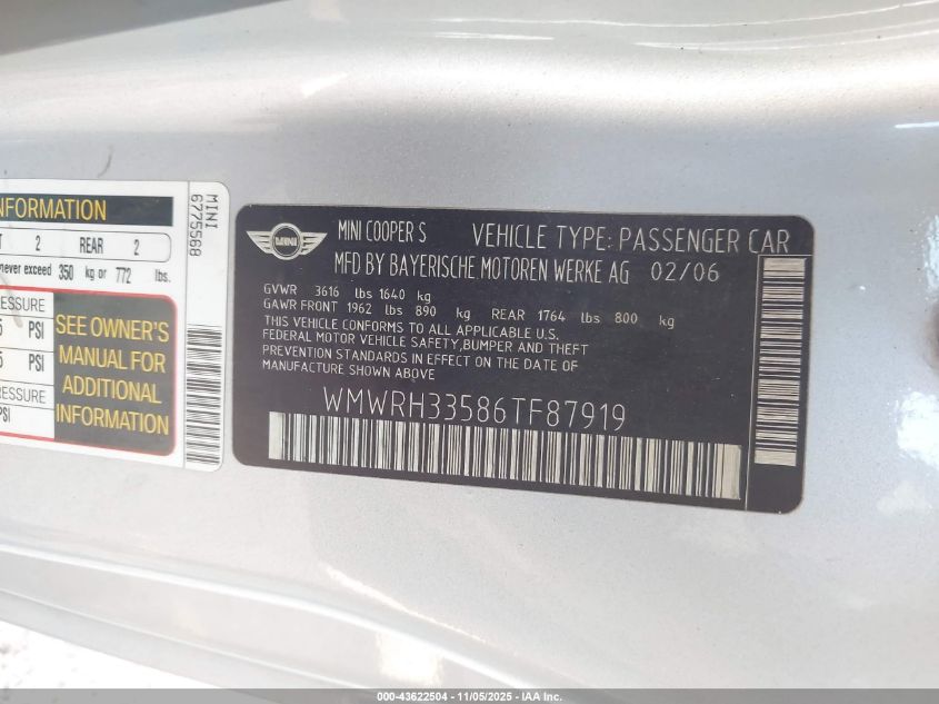2006 Mini Cooper S VIN: WMWRH33586TF87919 Lot: 43622504